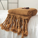 GobekUsa Knit Throw Blanket Ivory Pink Solid Soft Plaid Tassels 50"x62"