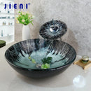 GobekUsa Black Round Basin Tap Set Mixer Faucet Washbasin Tempered Glass Chrome