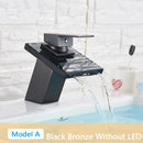 GobekUsa LED Waterfall Bathroom Sink Faucet Black Bronze Single Handle Deck Mount