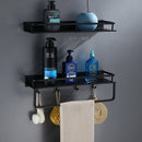 GobekUsa Black Aluminum Bathroom Shelf with Towel Bar Wall Mounted - Bath Shower Shampoo Holder