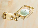 GobekUsa Brass Jade Bathroom Hardware Set: Corner Shelf, Paper Holder, Towel Bar, Soap Basket, Rack.