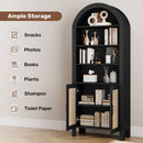 Tall Arched Wood Bookcase with Rattan Doors & Adjustable Shelves