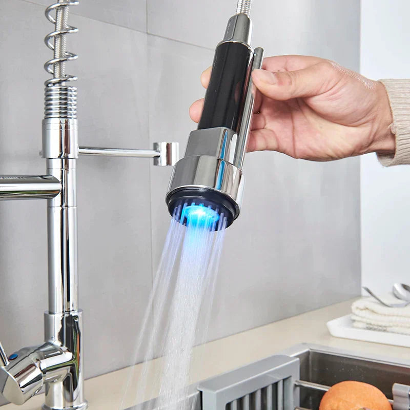 GobekUsa LED Brushed Kitchen Faucet with Pull-Down Spring, Single Handle Swivel Spout, photo 4 of 13