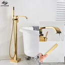 GobekUsa Gold Bathtub Faucet Set Hot Cold Water Shower Mixer Tap Waterfall Floor Stand