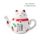 GobekUsa Lucky Cat Porcelain Tea Set: Maneki Neko Tea Cup Pot, Strainer, Plutus Cat Teapot Mug