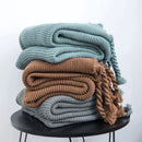 GobekUsa Knit Throw Blanket Ivory Pink Solid Soft Plaid Tassels 50"x62"