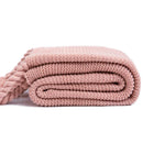 GobekUsa Knit Throw Blanket Ivory Pink Solid Soft Plaid Tassels 50"x62"