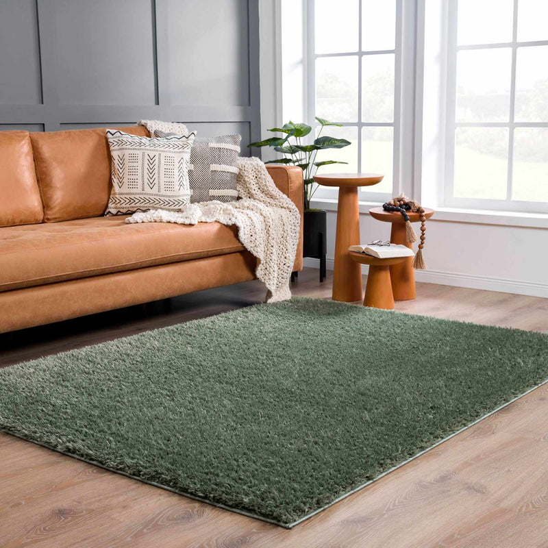 Faina Solid Green Shag Rug Washable