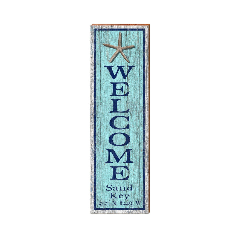 Welcome Sand Key Starfish Blue Latitude Longitude Vertical | Real Wood Art Print