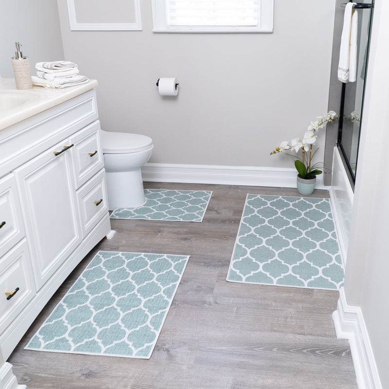 Geometric Design 3 Piece Bathroom Rugs Set | Light Teal