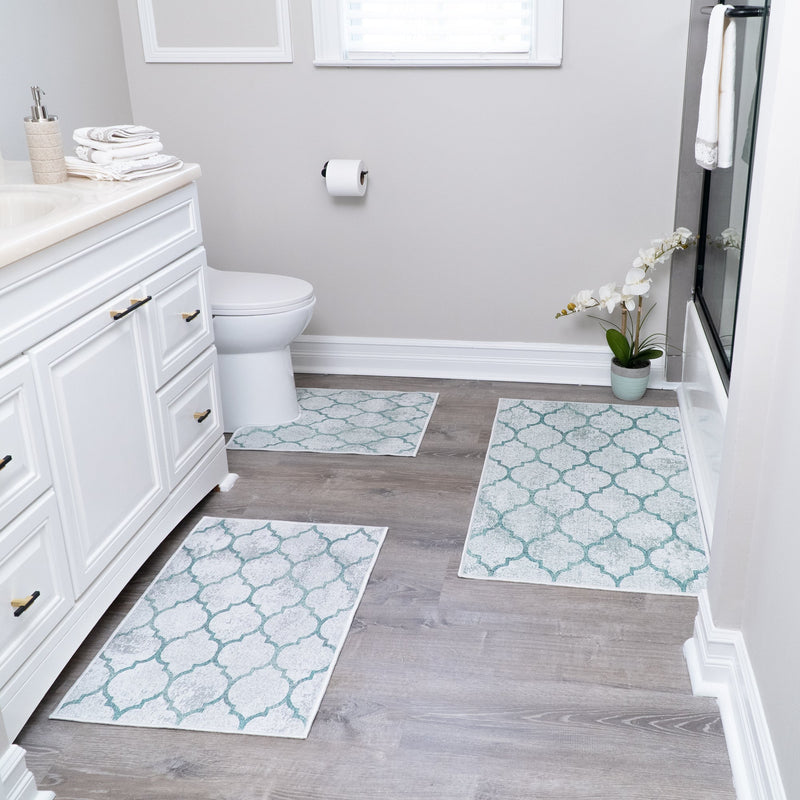 Geometric Design 3 Piece Bathroom Rugs Set | Gray&Teal