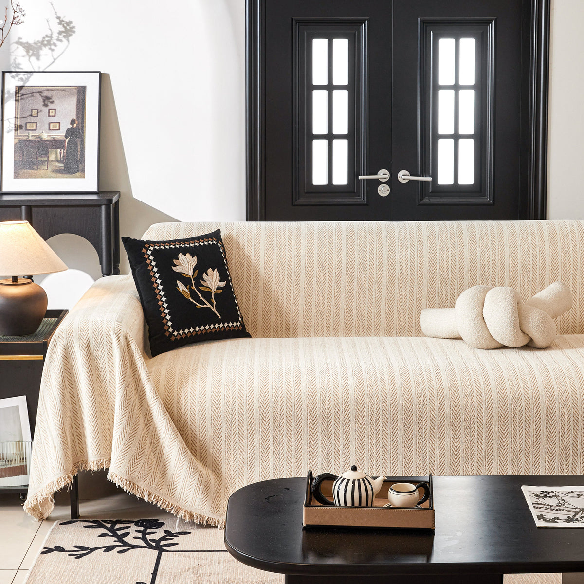 Herringbone Chenille Couch Cover Blanket Soft Durable Throw Sofa Protector with Tassel, photo 40 of 43