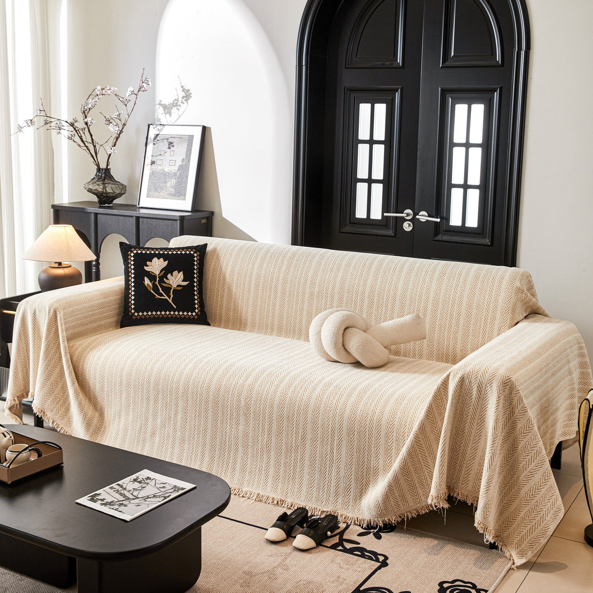 Herringbone Chenille Couch Cover Blanket Soft Durable Throw Sofa Protector with Tassel, photo 19 of 43