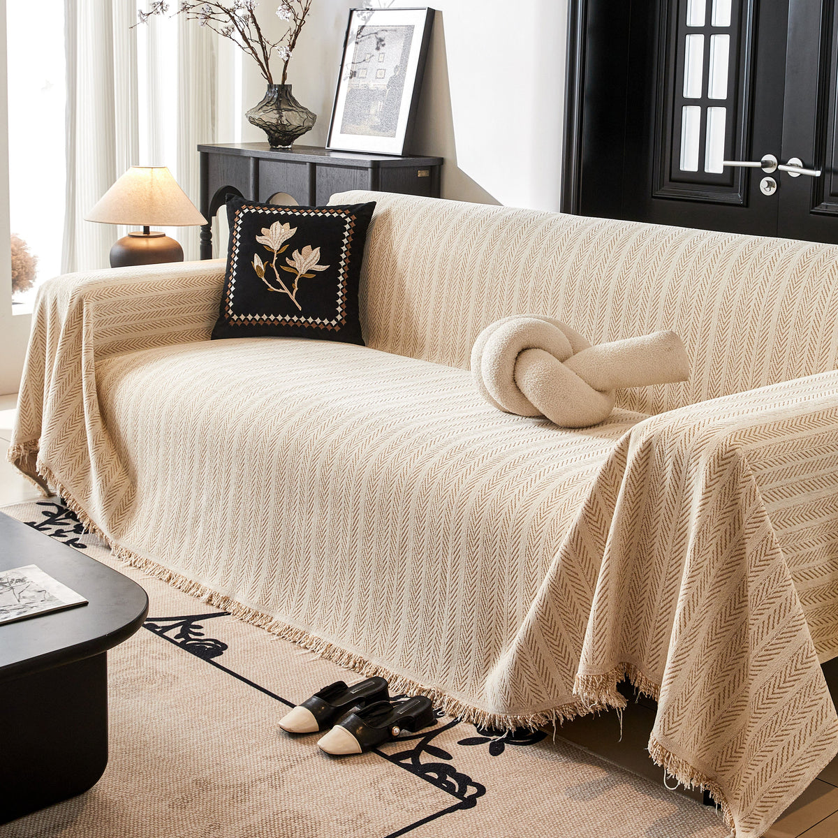 Herringbone Chenille Couch Cover Blanket Soft Durable Throw Sofa Protector with Tassel, photo 18 of 43
