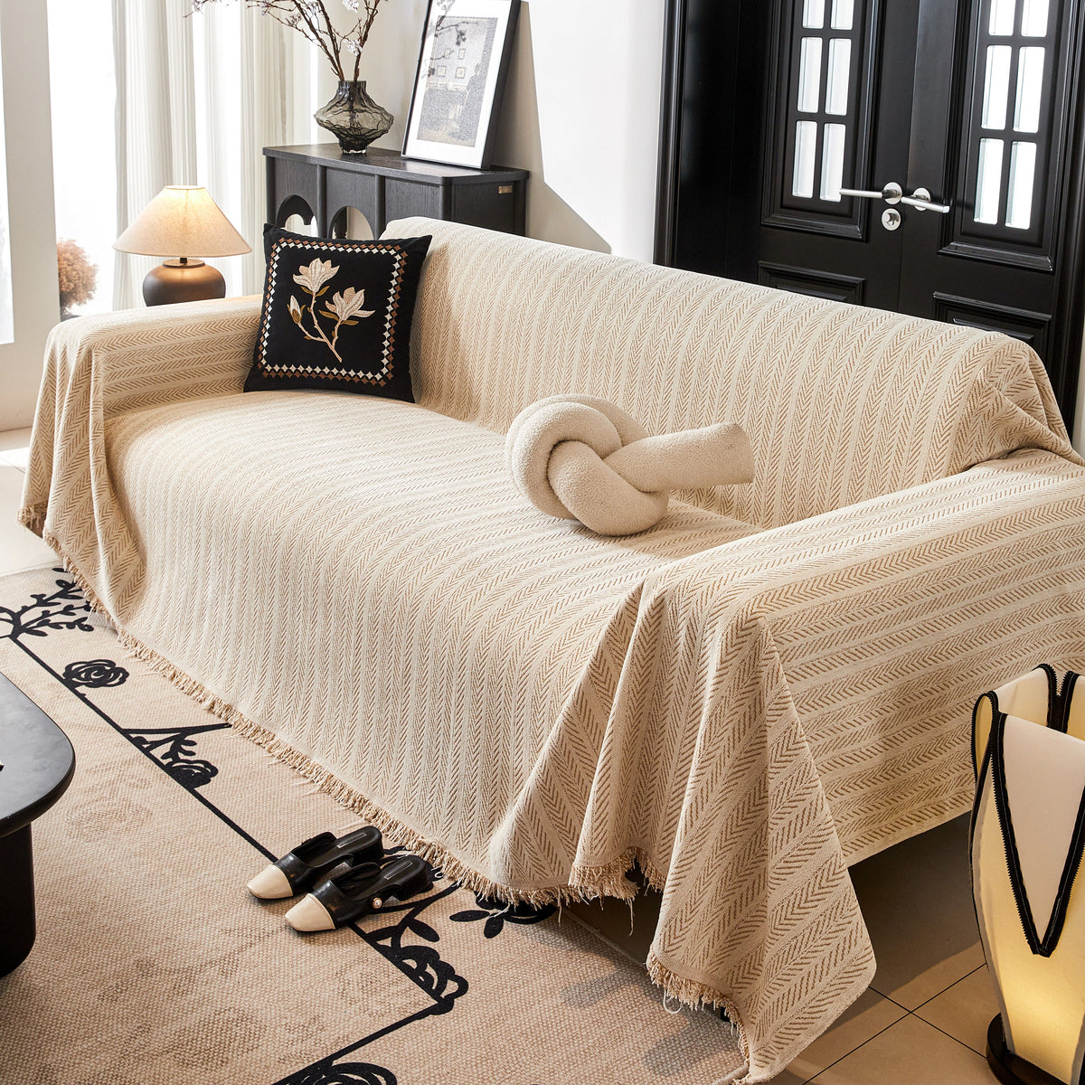 Herringbone Chenille Couch Cover Blanket Soft Durable Throw Sofa Protector with Tassel, photo 38 of 43
