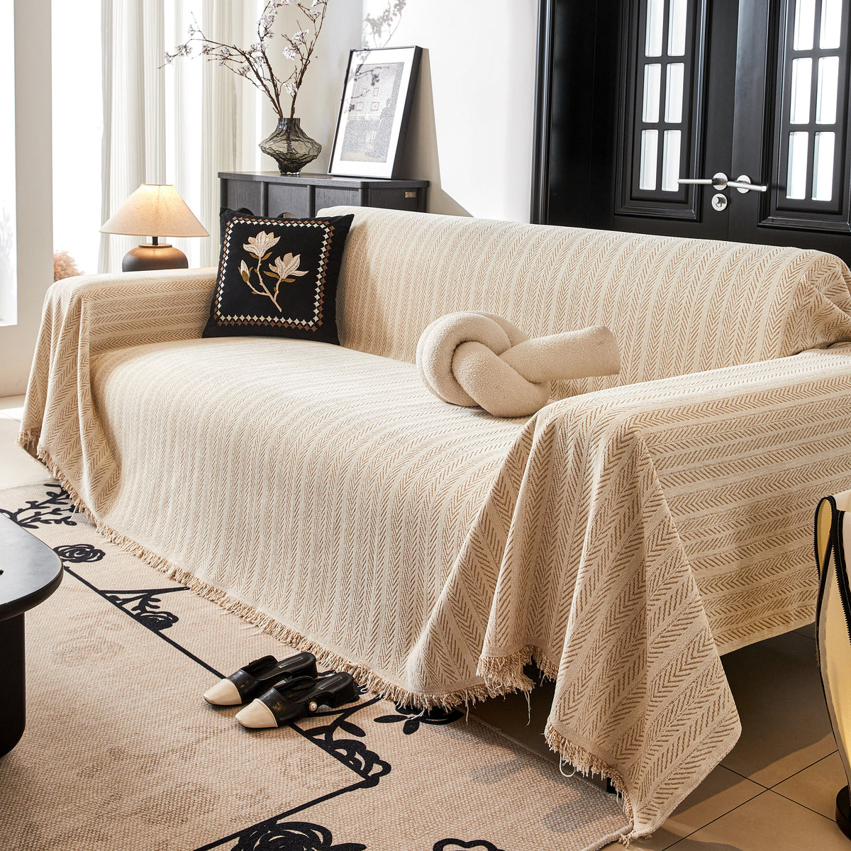 Herringbone Chenille Couch Cover Blanket Soft Durable Throw Sofa Protector with Tassel, photo 37 of 43