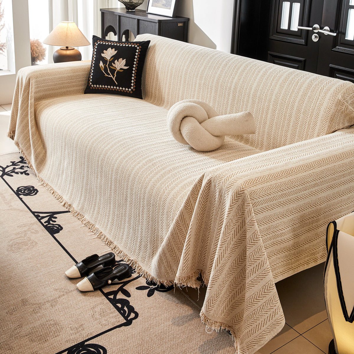 Herringbone Chenille Couch Cover Blanket Soft Durable Throw Sofa Protector with Tassel, photo 36 of 43