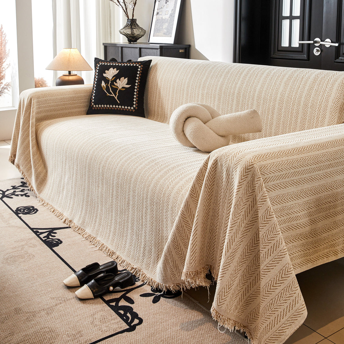 Herringbone Chenille Couch Cover Blanket Soft Durable Throw Sofa Protector with Tassel, photo 35 of 43