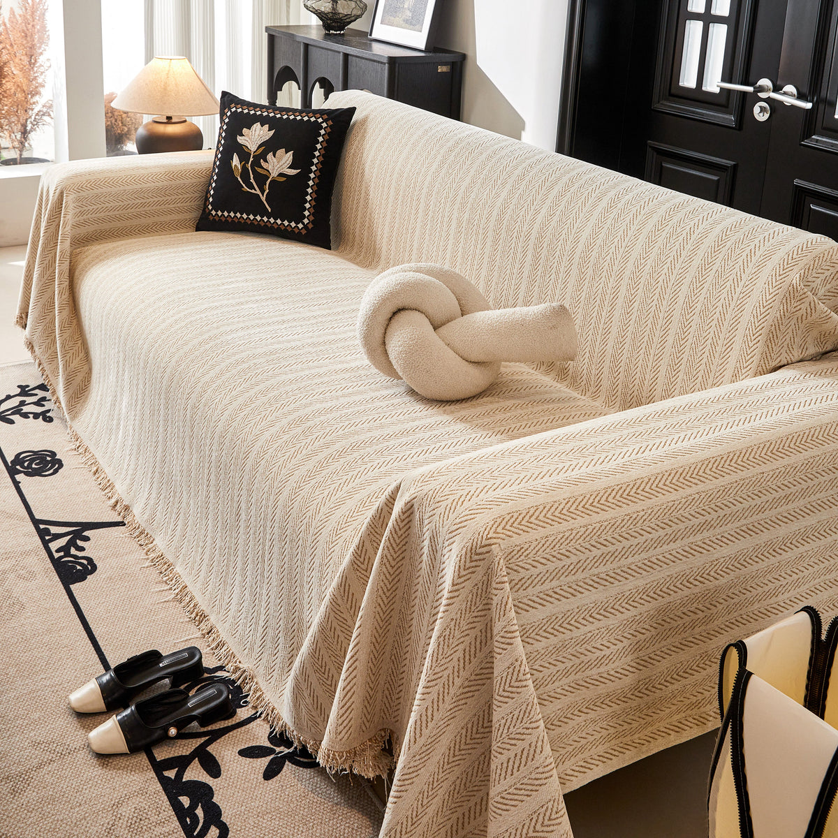Herringbone Chenille Couch Cover Blanket Soft Durable Throw Sofa Protector with Tassel, photo 34 of 43