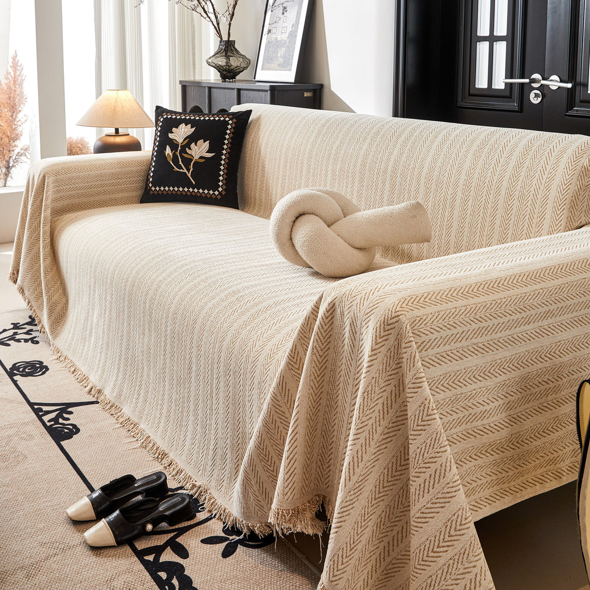 Herringbone Chenille Couch Cover Blanket Soft Durable Throw Sofa Protector with Tassel, photo 33 of 43