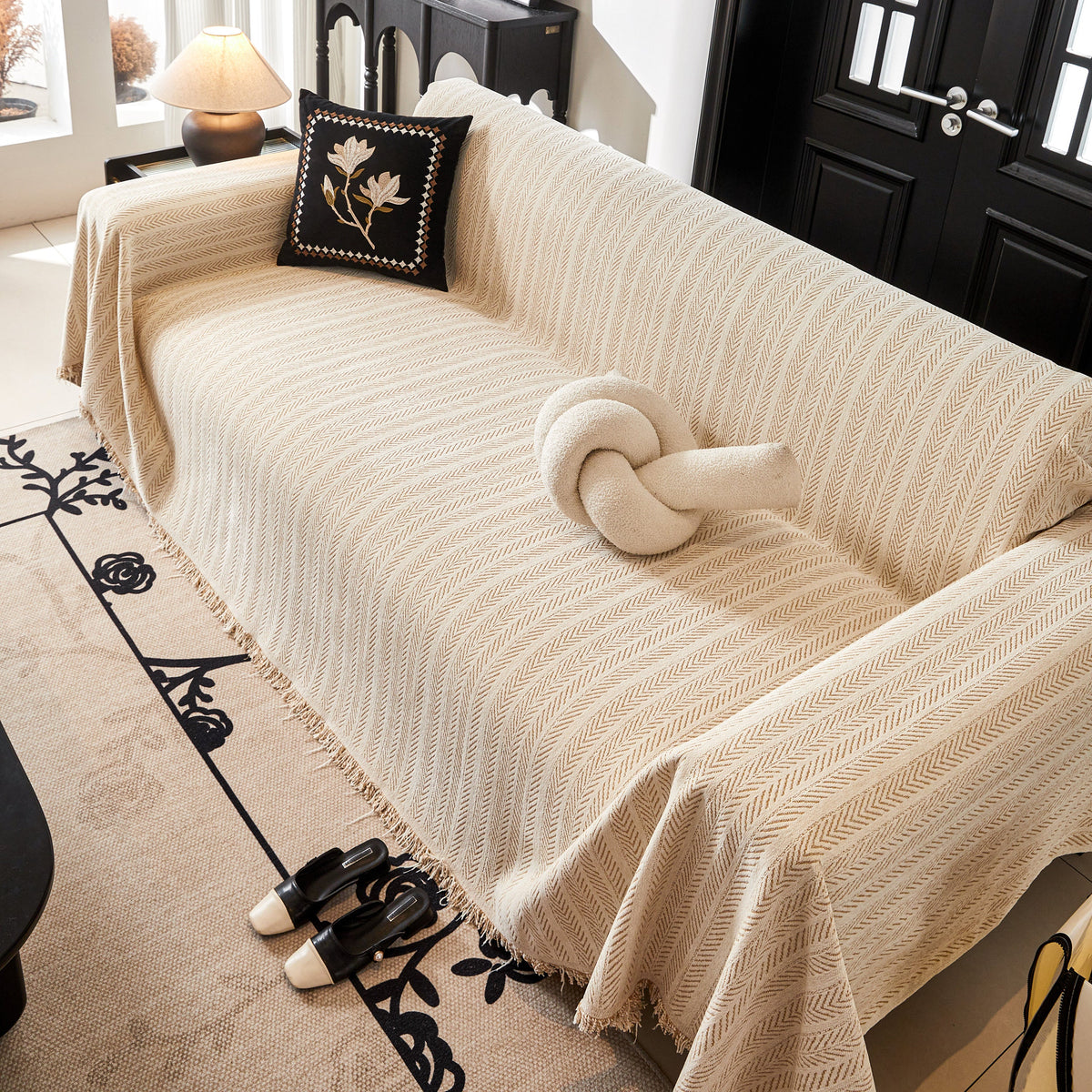 Herringbone Chenille Couch Cover Blanket Soft Durable Throw Sofa Protector with Tassel, photo 17 of 43