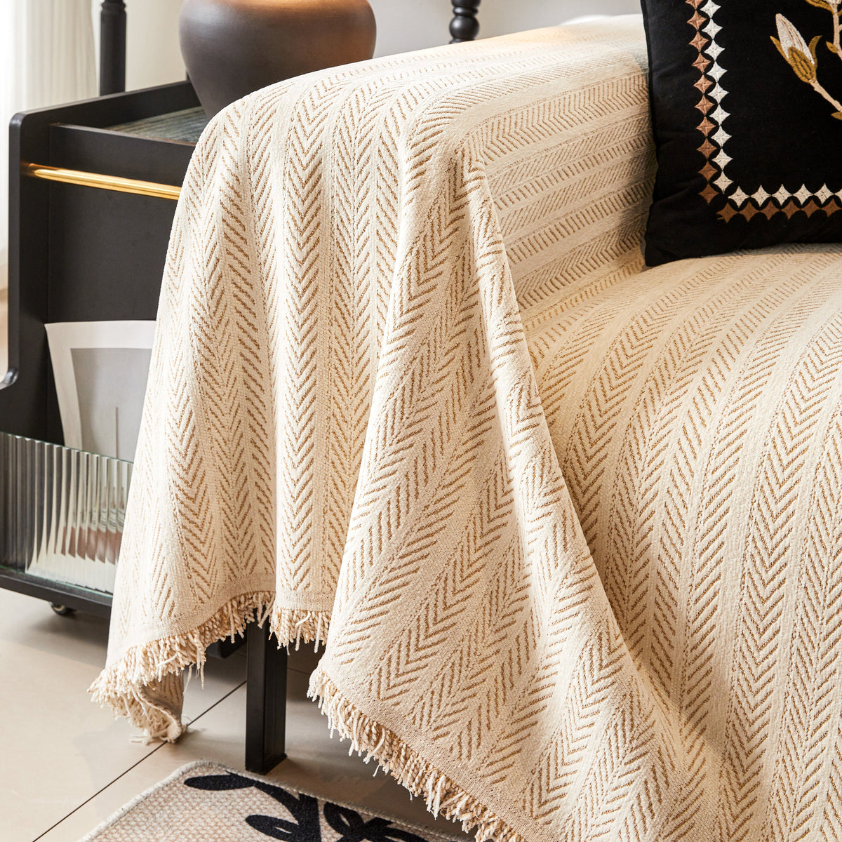 Herringbone Chenille Couch Cover Blanket Soft Durable Throw Sofa Protector with Tassel, photo 14 of 43