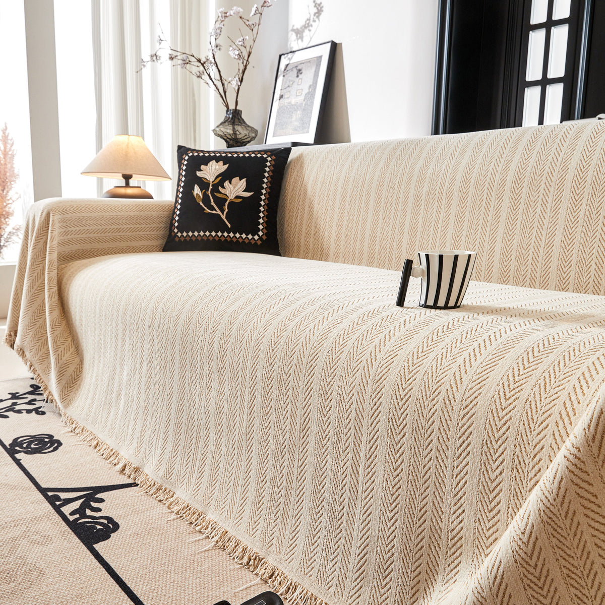 Herringbone Chenille Couch Cover Blanket Soft Durable Throw Sofa Protector with Tassel, photo 32 of 43