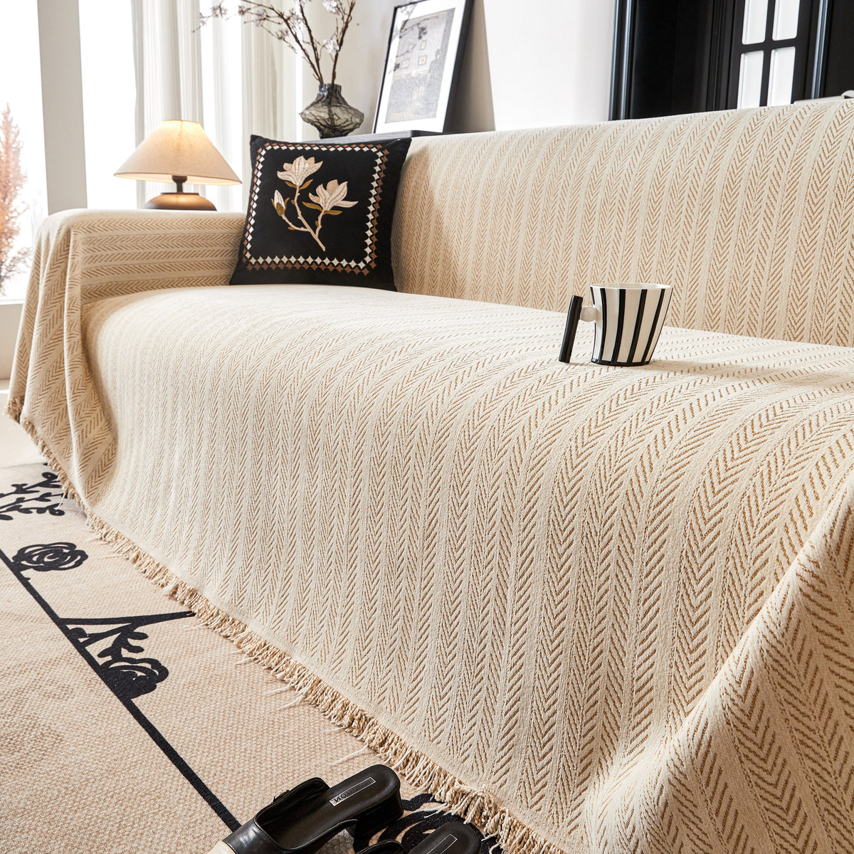 Herringbone Chenille Couch Cover Blanket Soft Durable Throw Sofa Protector with Tassel, photo 16 of 43