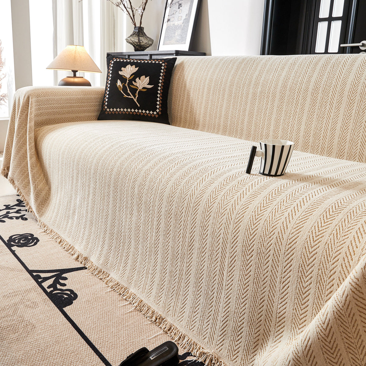 Herringbone Chenille Couch Cover Blanket Soft Durable Throw Sofa Protector with Tassel, photo 31 of 43