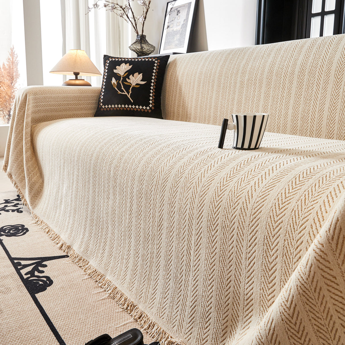 Herringbone Chenille Couch Cover Blanket Soft Durable Throw Sofa Protector with Tassel, photo 30 of 43