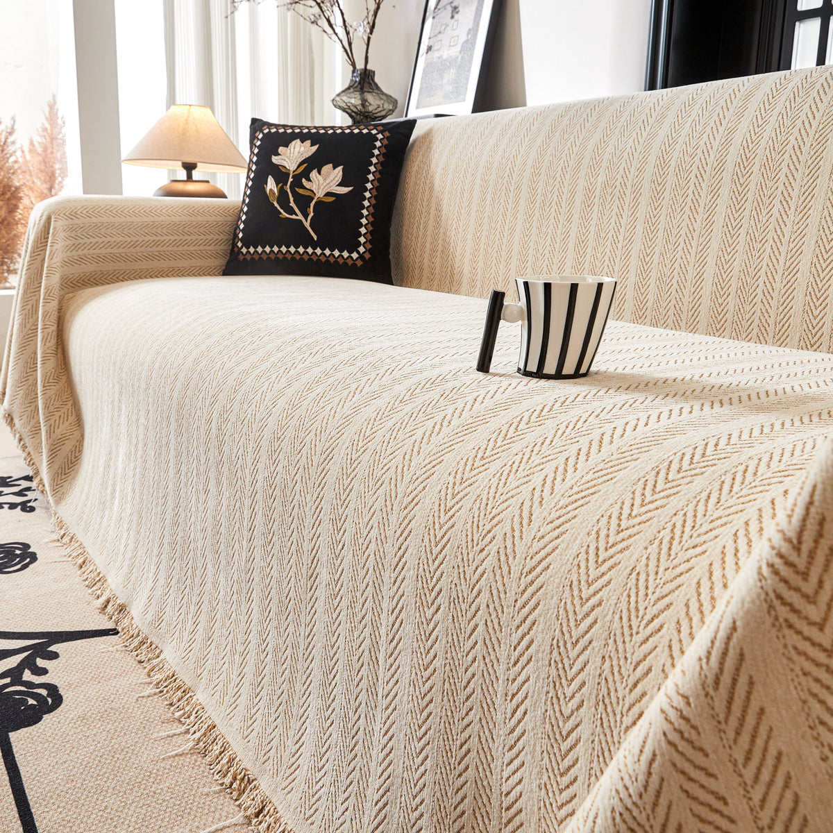 Herringbone Chenille Couch Cover Blanket Soft Durable Throw Sofa Protector with Tassel, photo 15 of 43