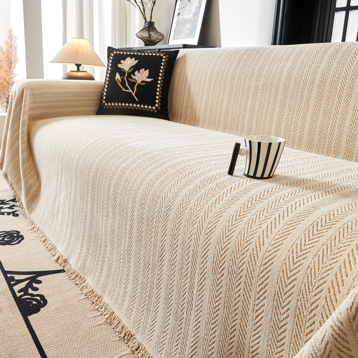 Herringbone Chenille Couch Cover Blanket Soft Durable Throw Sofa Protector with Tassel, photo 28 of 43