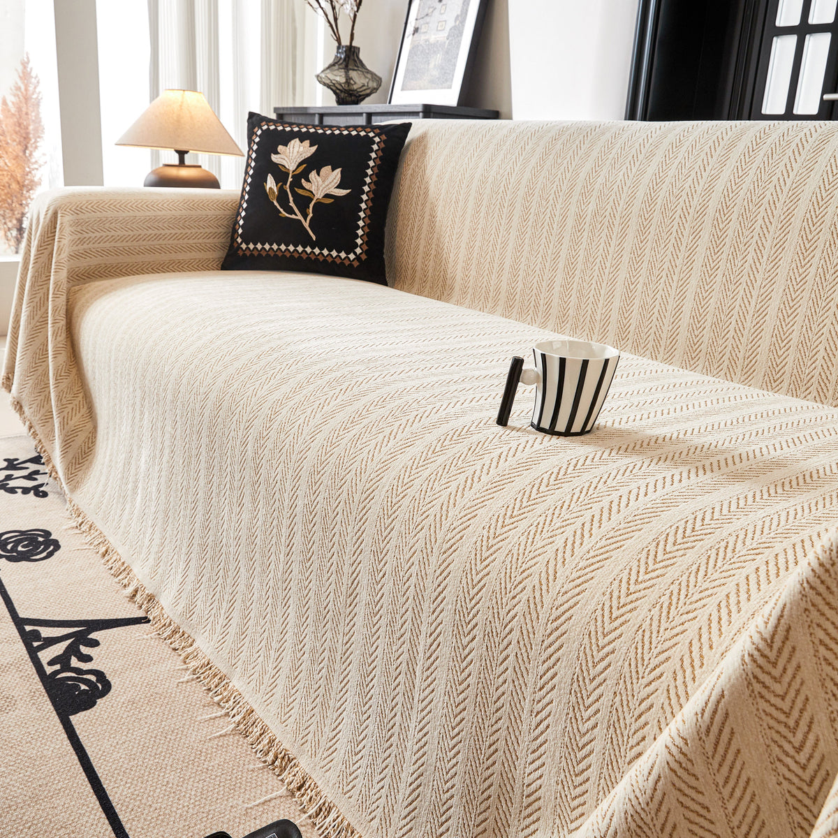 Herringbone Chenille Couch Cover Blanket Soft Durable Throw Sofa Protector with Tassel, photo 26 of 43