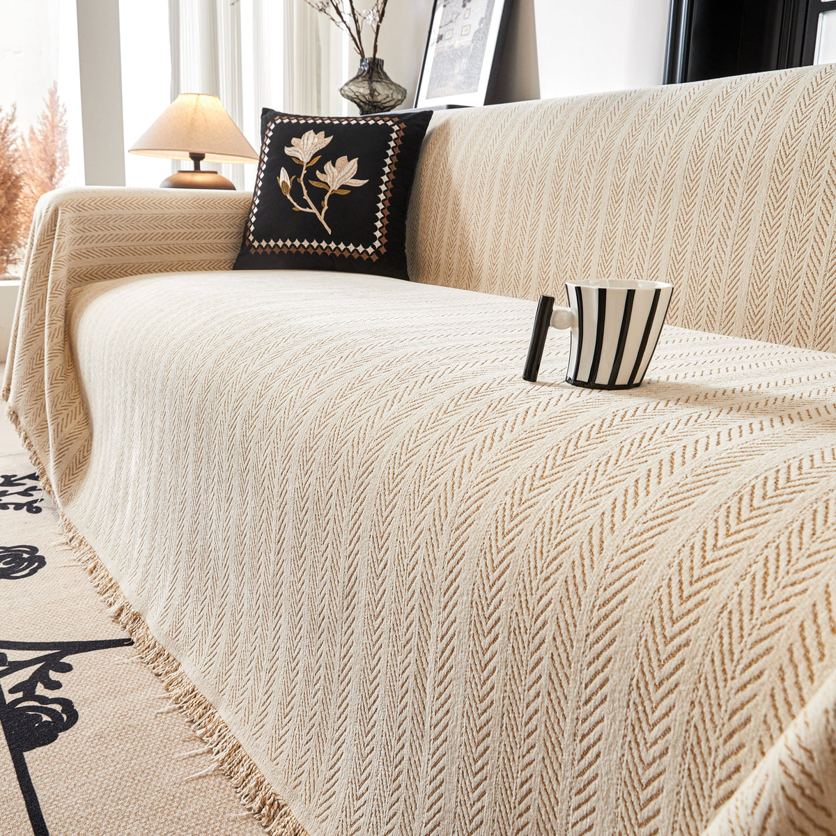 Herringbone Chenille Couch Cover Blanket Soft Durable Throw Sofa Protector with Tassel, photo 22 of 43