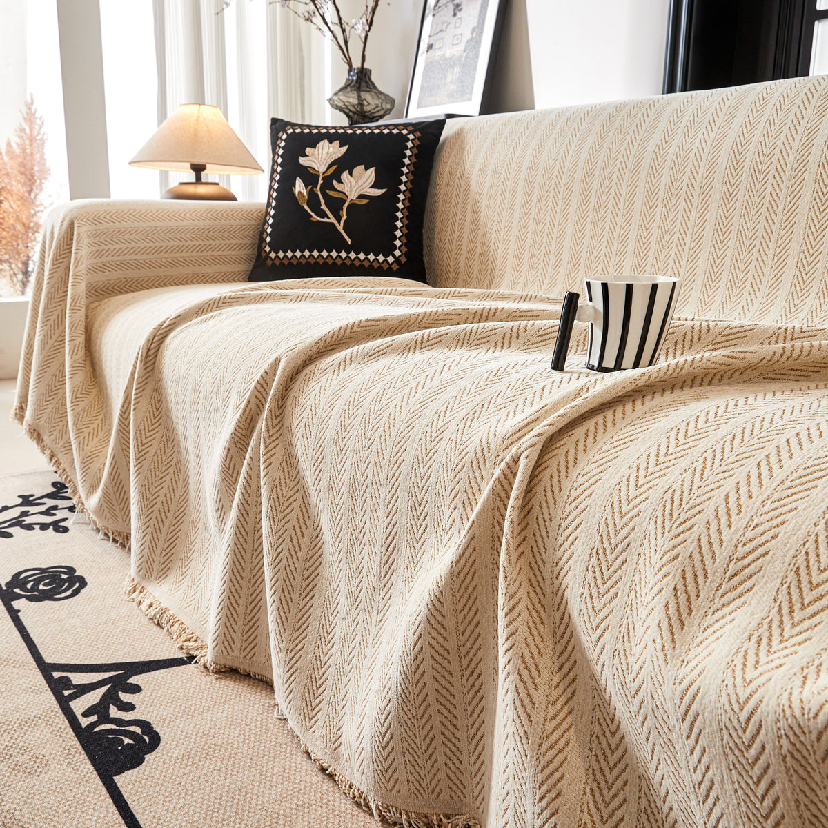 Herringbone Chenille Couch Cover Blanket Soft Durable Throw Sofa Protector with Tassel, photo 13 of 43