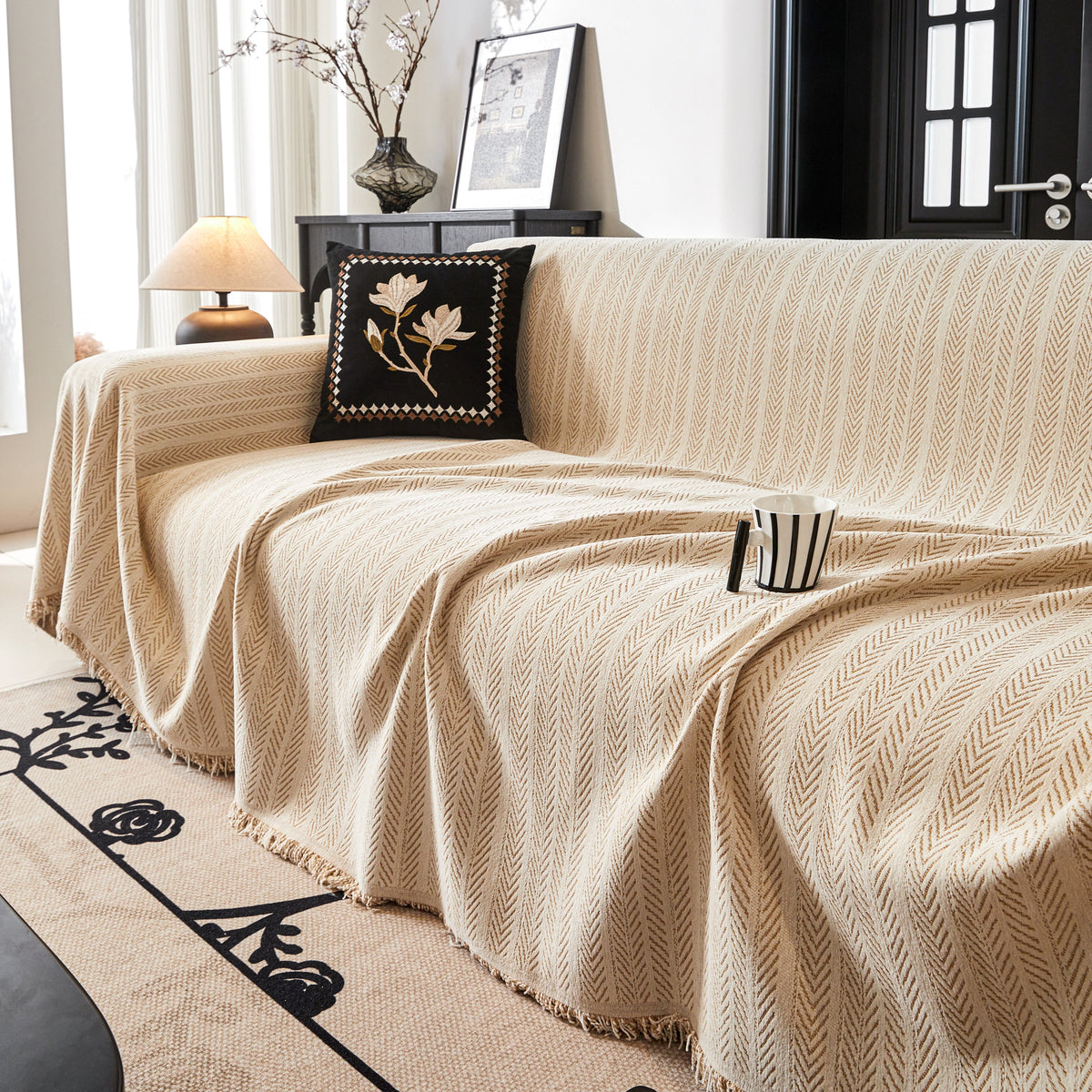 Herringbone Chenille Couch Cover Blanket Soft Durable Throw Sofa Protector with Tassel, photo 23 of 43