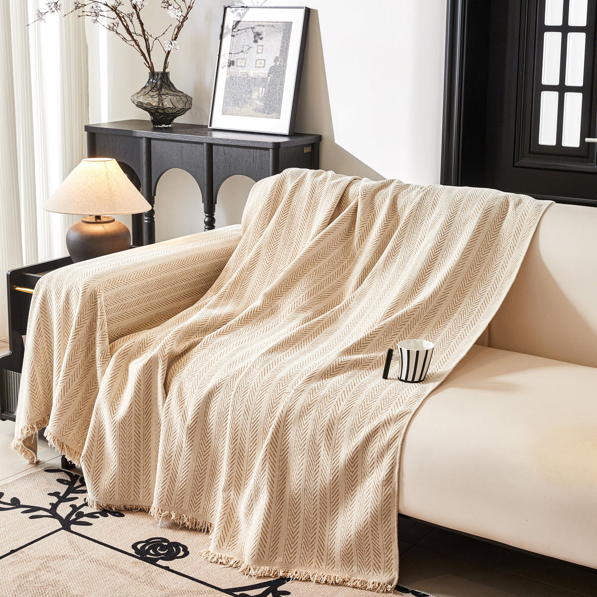 Herringbone Chenille Couch Cover Blanket Soft Durable Throw Sofa Protector with Tassel, photo 12 of 43