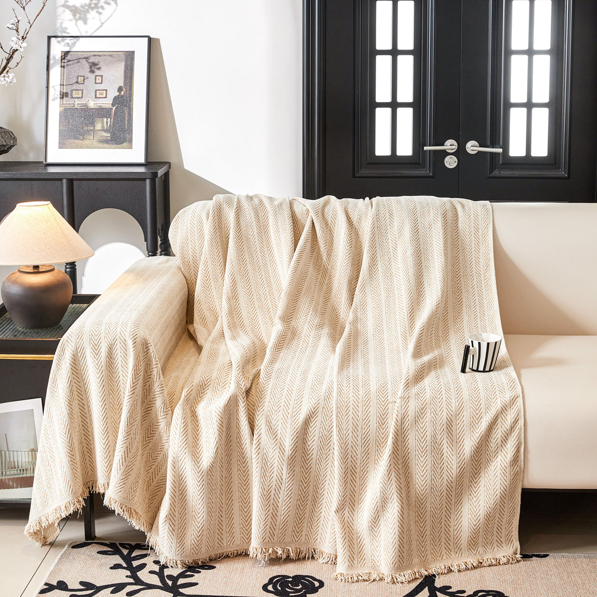 Herringbone Chenille Couch Cover Blanket Soft Durable Throw Sofa Protector with Tassel, photo 11 of 43