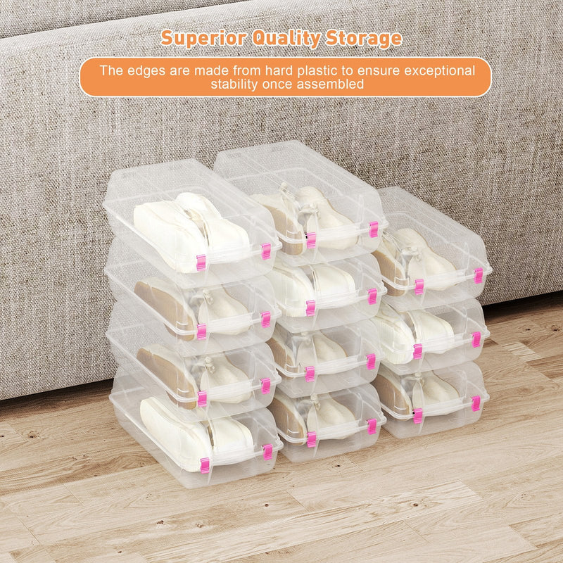 4 Pack Stackable Shoe Organizer with Lids Storage Boxes Sneaker Containers, Pink