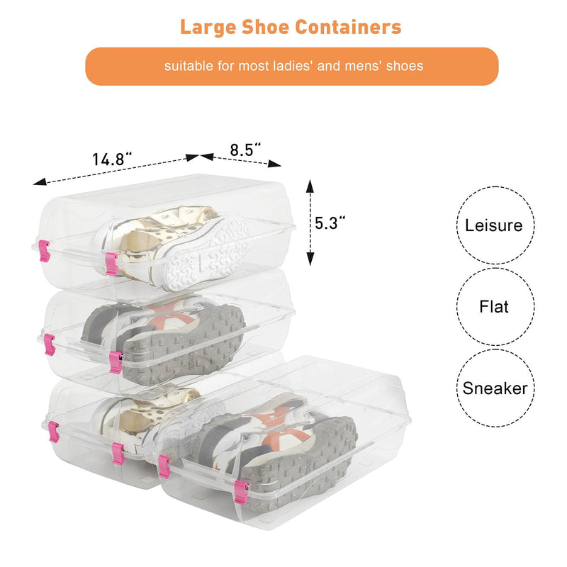 4 Pack Stackable Shoe Organizer with Lids Storage Boxes Sneaker Containers, Pink