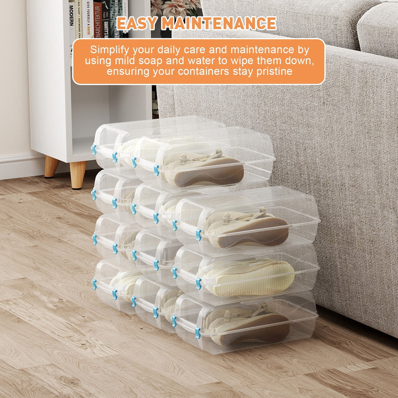 4 Pack Stackable Shoe Organizer with Lids Storage Boxes Sneaker Containers, Blue