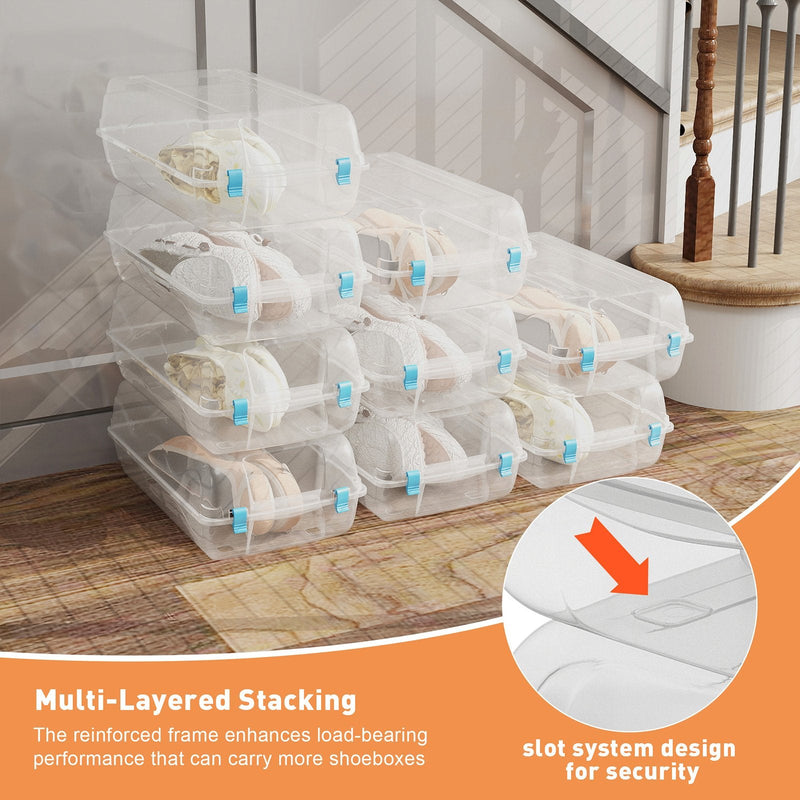 4 Pack Stackable Shoe Organizer with Lids Storage Boxes Sneaker Containers, Blue