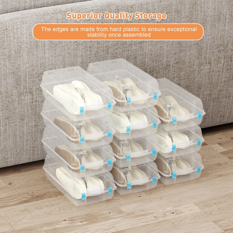 4 Pack Stackable Shoe Organizer with Lids Storage Boxes Sneaker Containers, Blue