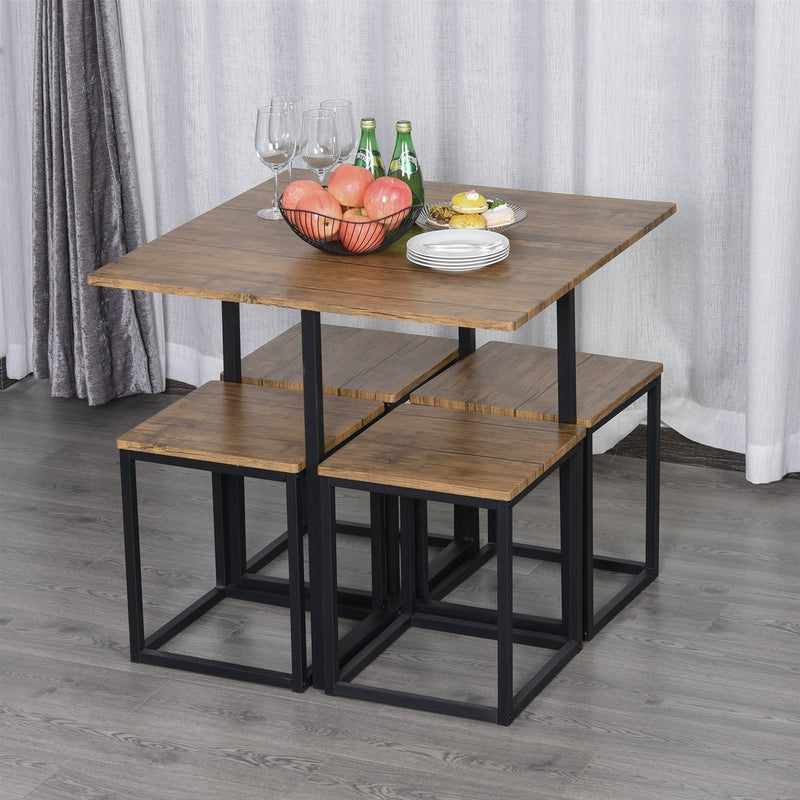 Farmhouse 5 Piece Square Walnut Wood Steel Kitchen Dining Set, photo 2 of 5
