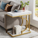 Side Table, Narrow C-Table End Table with Faux Marble Top & Gold Metal Frame
