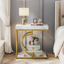 Side Table, Narrow C-Table End Table with Faux Marble Top & Gold Metal Frame
