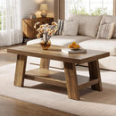 47" Farmhouse Coffee Table with Storage Shelf, Rectangular 2-Tier Wood Coffee Table