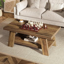 47" Farmhouse Coffee Table with Storage Shelf, Rectangular 2-Tier Wood Coffee Table