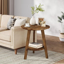Round Side Table, Solid Wood Farmhouse End Table with Storage Shelf