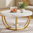 Wooden Coffee Table, 2-Tier Round Central Cocktail Table with Shelves